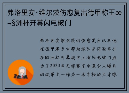 弗洛里安·维尔茨伤愈复出德甲称王欧洲杯开幕闪电破门